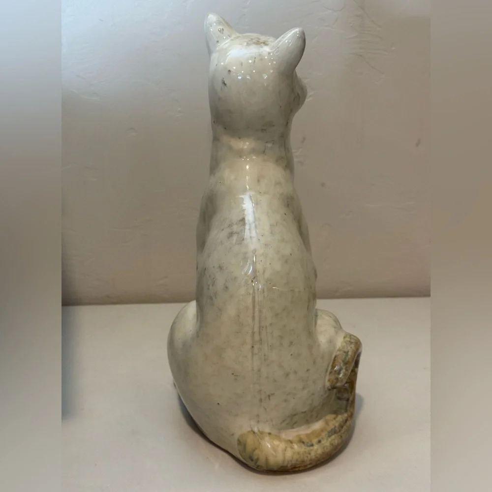 Vintage Pottery Large Smiling‎ Tall Cat Sculpture Figurine Glazed Folk Art Heavy